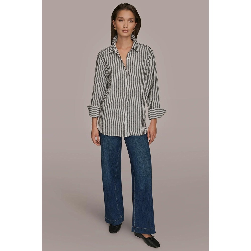 Donna Karan Weekend Striped Linen-Blend Shirt L Coastal Preppy Travel Breathable - Picture 12 of 16